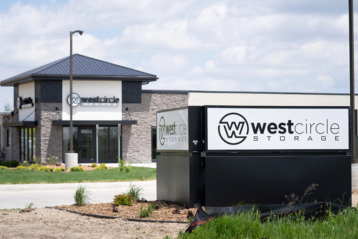 West Circle storage building exterior and sign