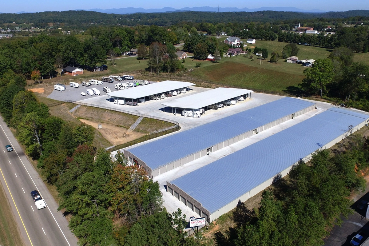 Secure pack storage exterior aerial view