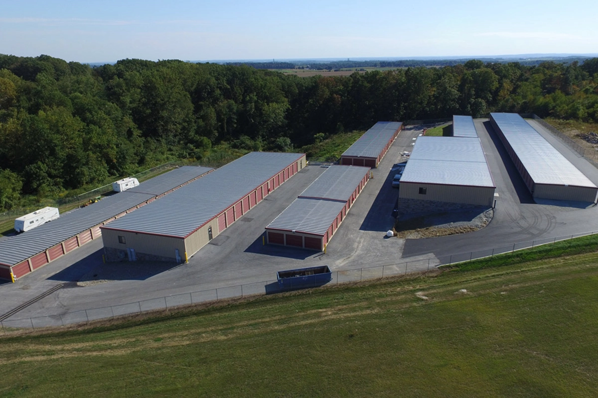 Moove in storage building exterior aerial view