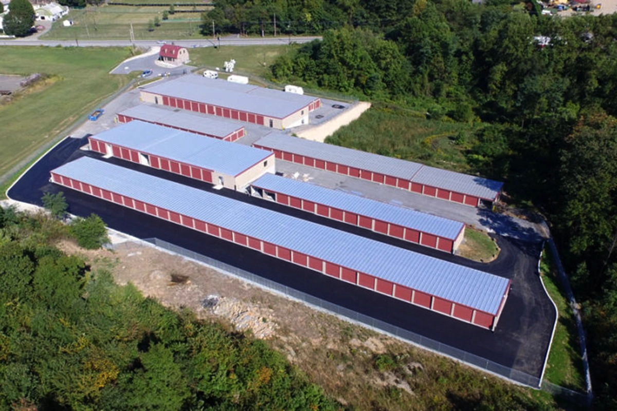 Moove in storage building exterior aerial view