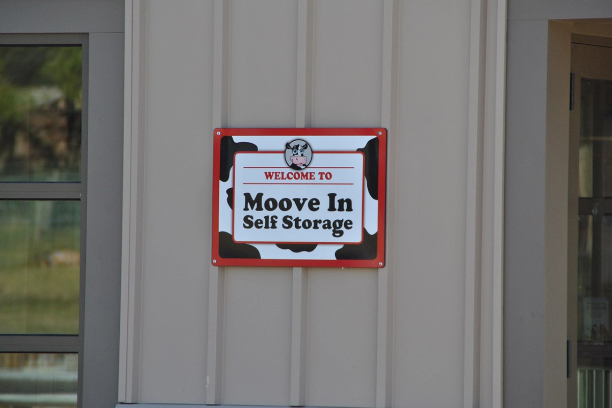 Moove in storage building exterior and sign