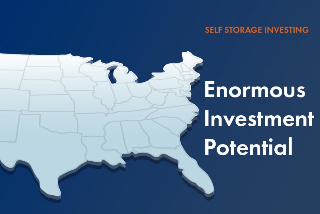 US map with "self storage investing enormous investment potential" text