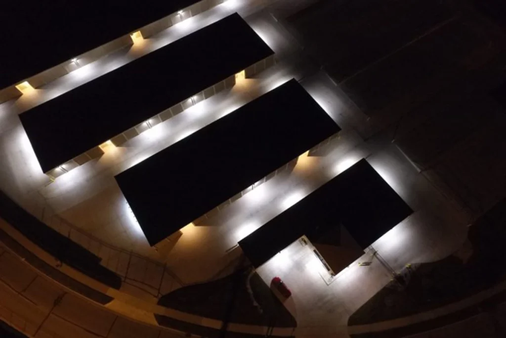 aerial view of storage units at night