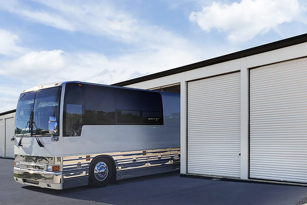 RV being backed into storage unit